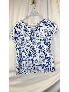 CeCe Blue White Coastal Shell Print Linen Blend Flutter Sleeve Tie Neck Top M